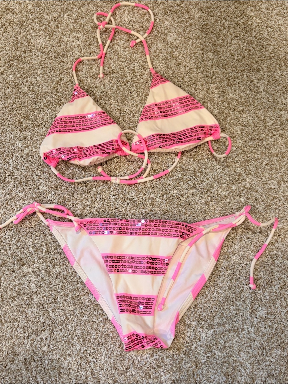 Victoria’s Secret Sequin Stripe Bikini Large Top Small Bottom